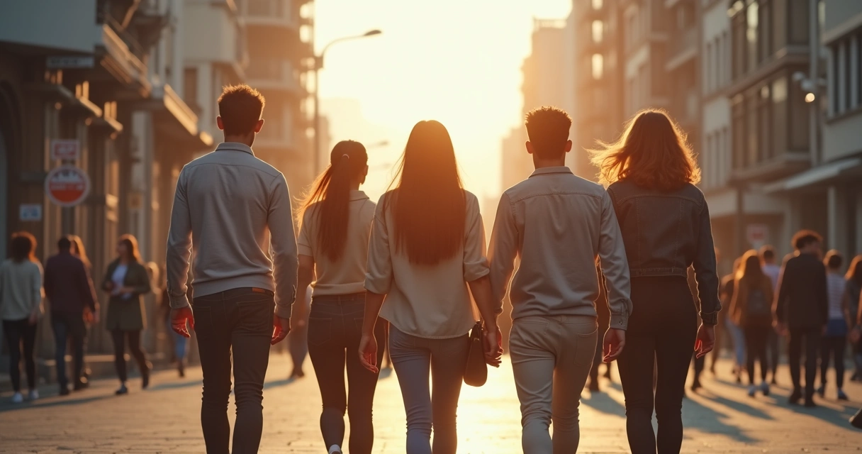 Pessoas caminhando juntas em um cenário urbano com conexões simbólicas entre elas
