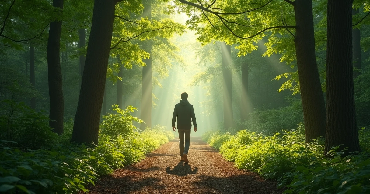 Pessoa caminhando por trilha cercada de natureza com luz suave
