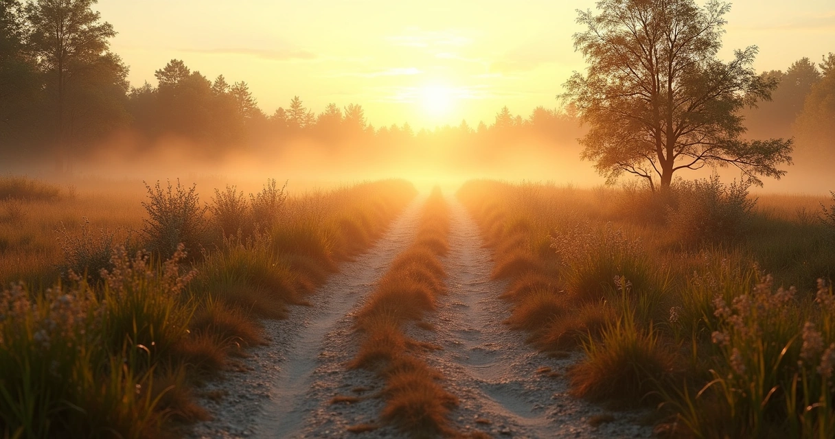 Caminho com bifurcação iluminada ao amanhecer 