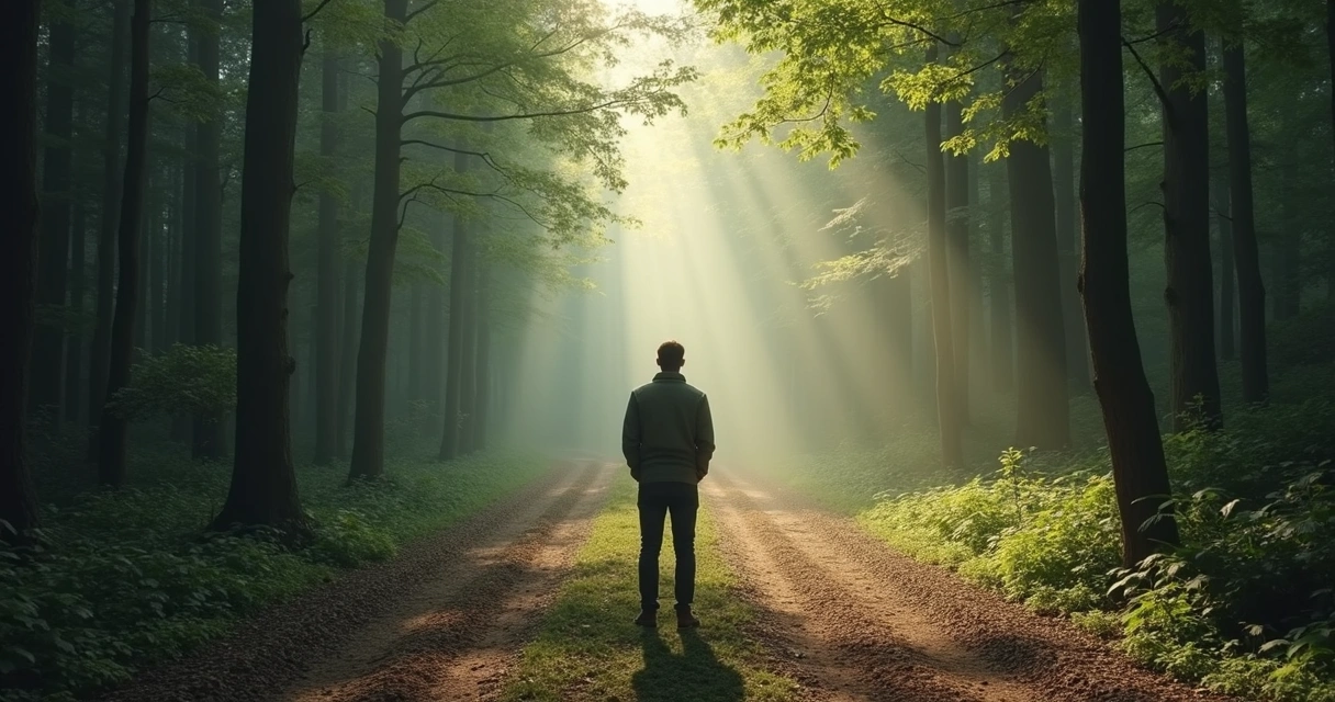 Pessoa parada diante de caminho bifurcado em bosque