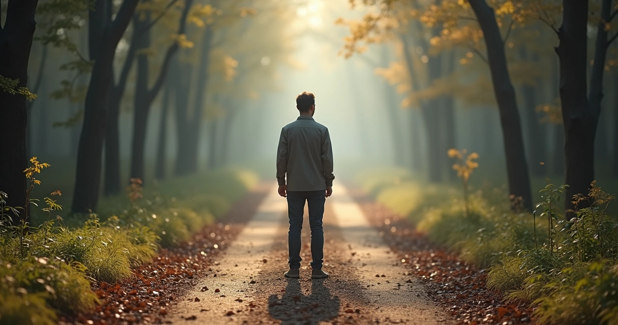 Pessoa em caminho bifurcado tomando decisão importante 