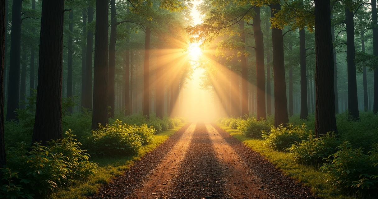 Caminho de floresta dividido em duas direções ao amanhecer 