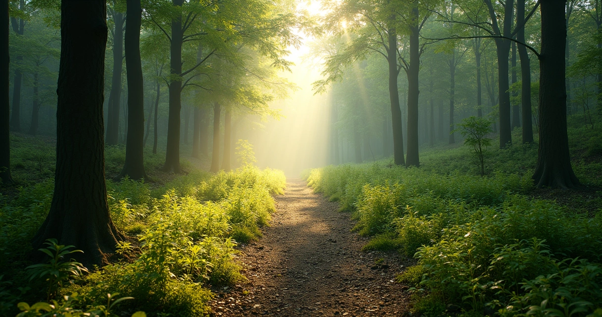 Dois caminhos em uma floresta verde com luz suave atravessando as copas das árvores, transmitindo o conceito de escolha 
