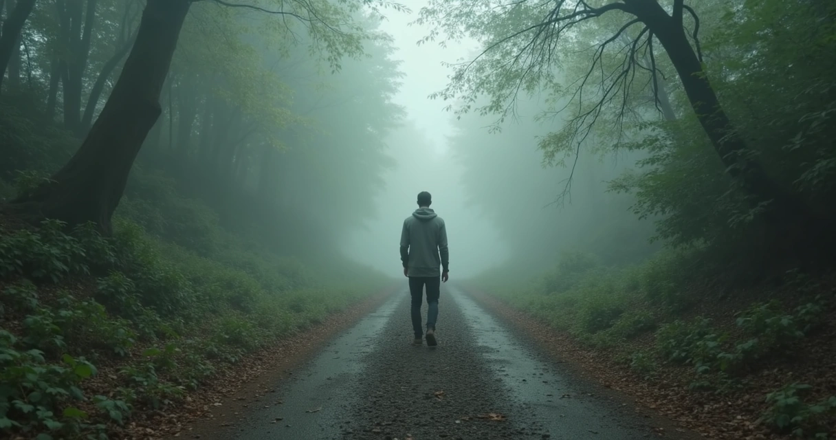 Pessoa diante de caminho bifurcado na neblina