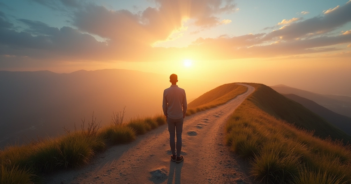 Pessoa em encruzilhada contemplando dois caminhos simbolizando propósito de vida e propósito existencial 