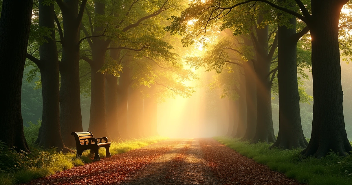 Caminho em bosque iluminado por luz suave 