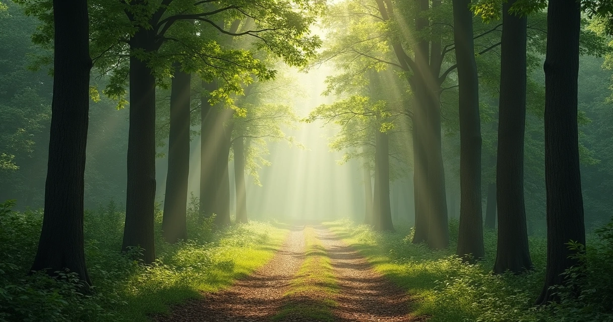 Caminho em bosque iluminado por luz suave entre árvores
