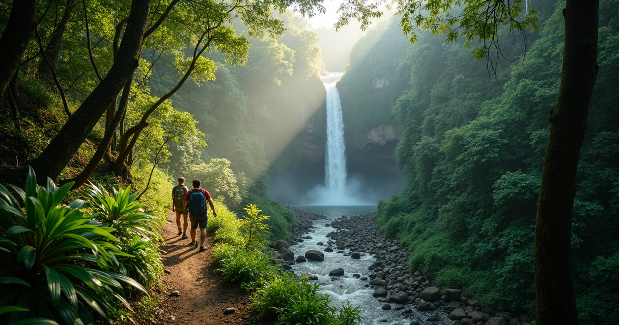 Trilha cercada de Mata Atlântica levando a uma cachoeira ao fundo 