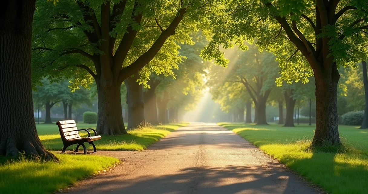 Caminho arborizado em parque com banco e luz suave da manhã