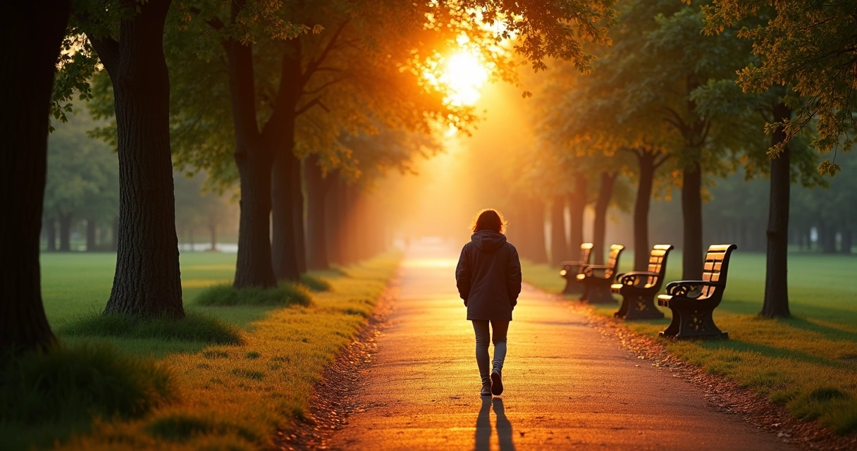 Pessoa caminhando sozinha em um parque ao entardecer 