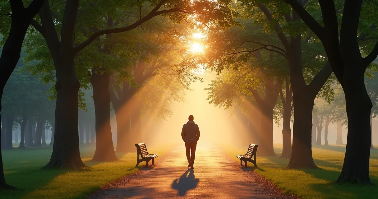 Pessoa caminhando sozinha em parque ao amanhecer