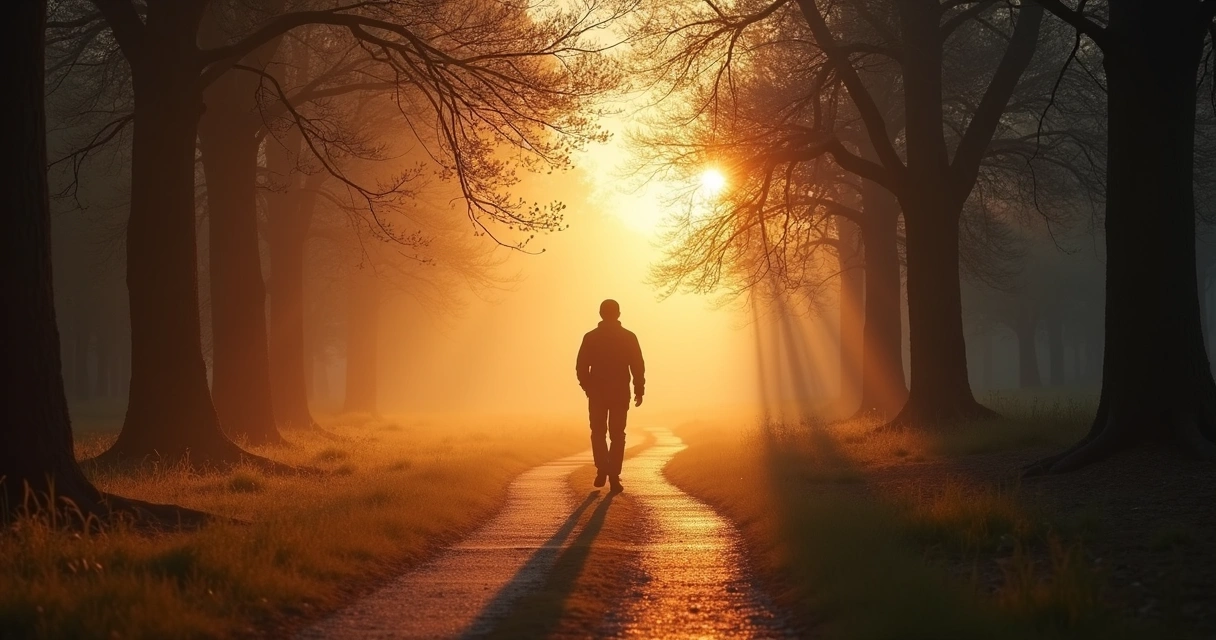 Pessoa caminhando por uma trilha iluminada pelo sol matinal 
