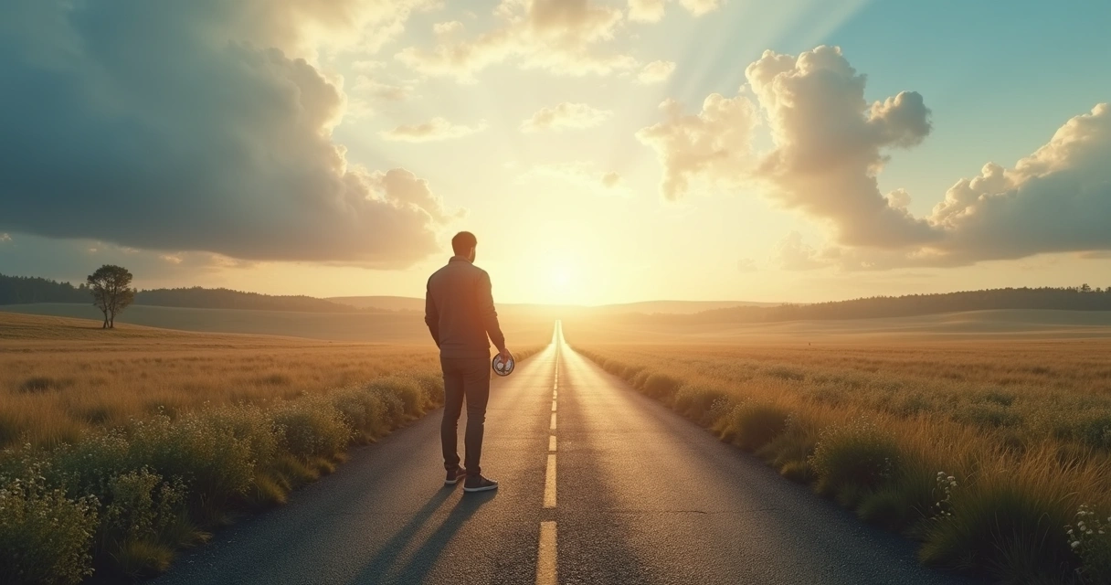 Pessoa de pé diante de vários caminhos, segurando uma bússola 