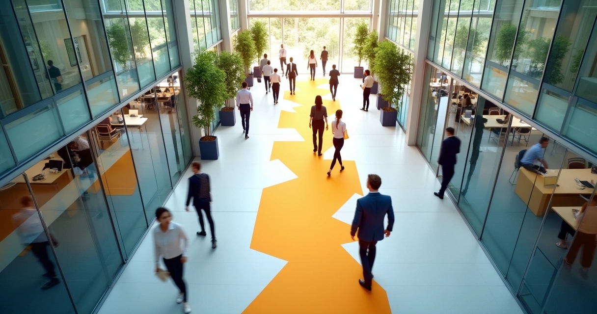 Caminho desenhado no chão de um escritório representando plano de carreira