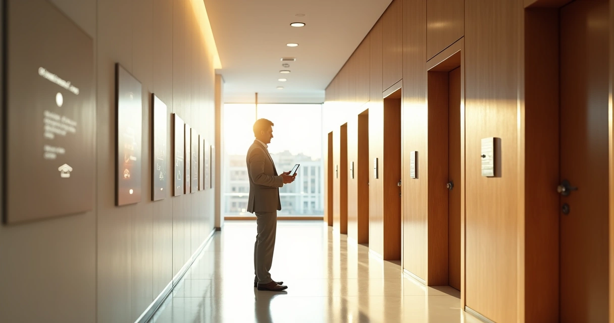 Corredor com portas representando etapas da carreira de perito judicial 