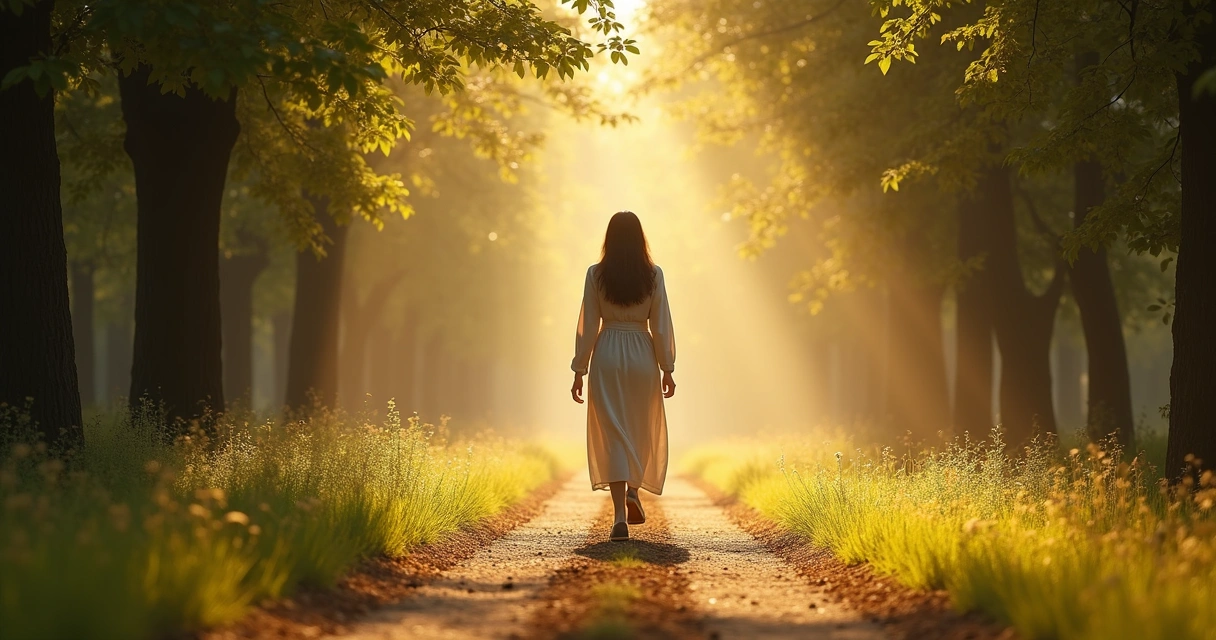 Mulher caminhando em estrada iluminada, com árvores ao redor, irradiando paz 
