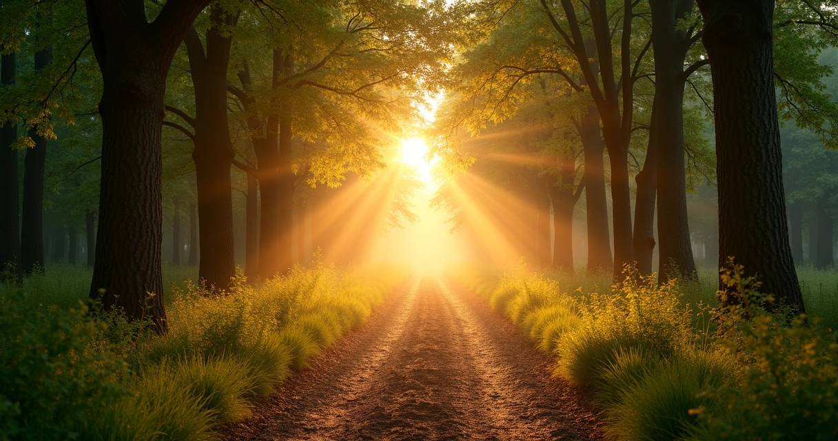 Caminho tranquilo com luz suave entre árvores ao amanhecer