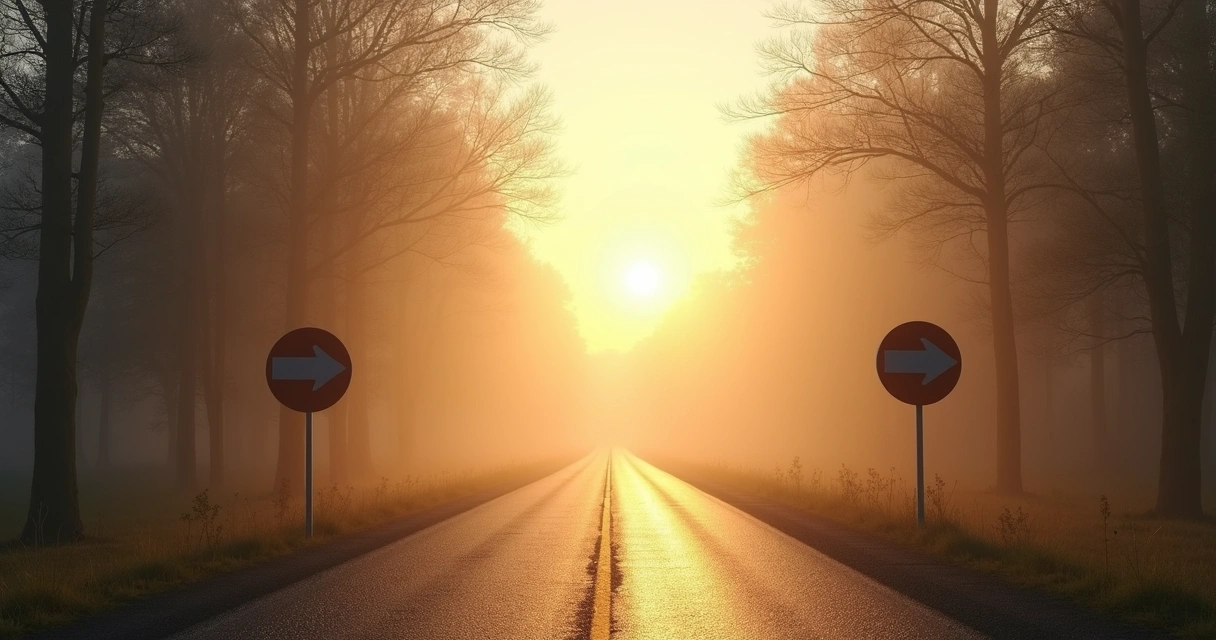 Estrada com neblina e placas apontando direções 