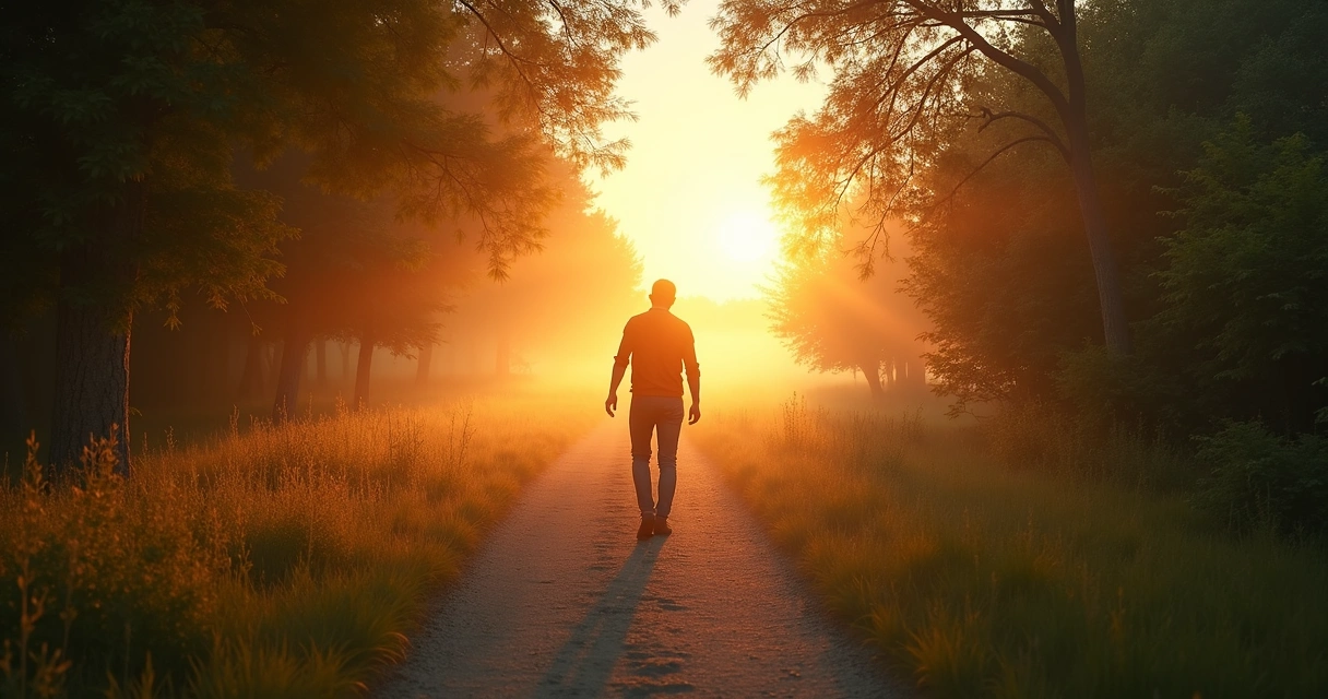 Pessoa caminhando por trilha ao amanhecer