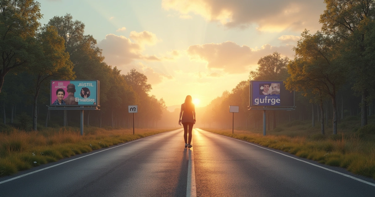 Pessoa caminhando em estrada dividida, mostrando caminhos diferentes lado a lado 