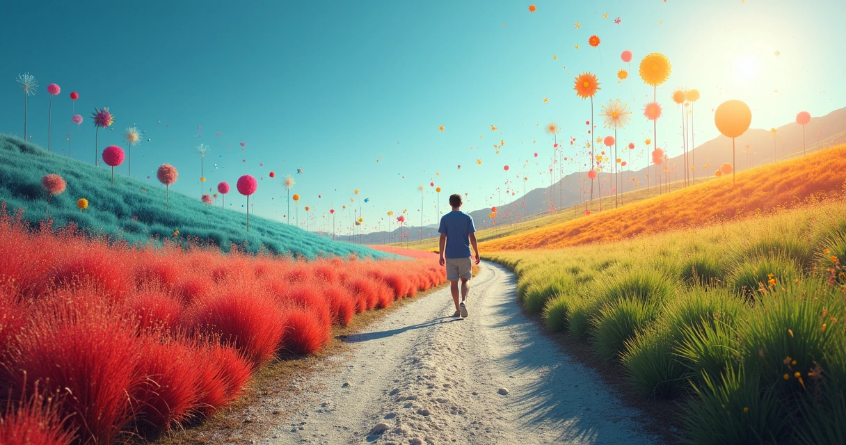 Pessoa caminhando por trilha cheia de cores diversas como símbolo de autodesenvolvimento. 