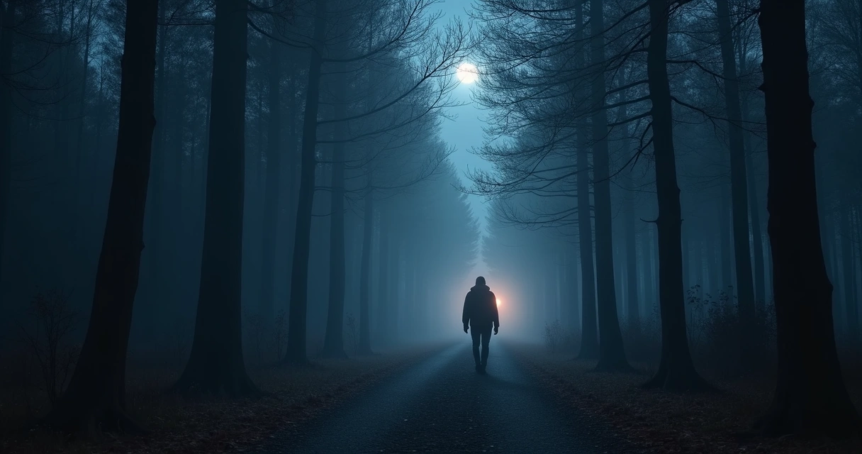 Pessoa caminhando à noite em caminho cercado por árvores, luz suave ao fundo