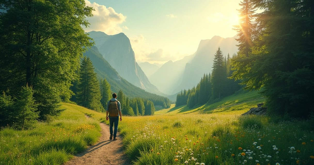 Caminho na floresta com uma pessoa caminhando e montanhas ao fundo, simbolizando crescimento pessoal.