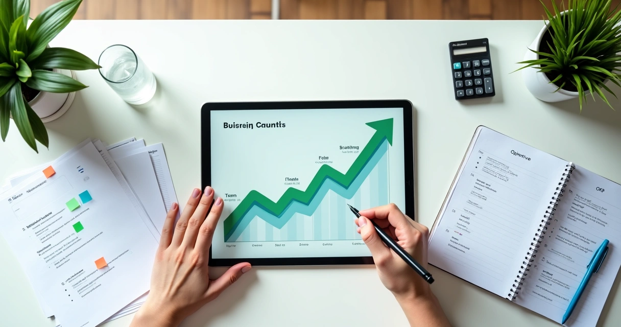 Gráfico crescente em forma de estrada passando por checklists de indicadores da empresa 