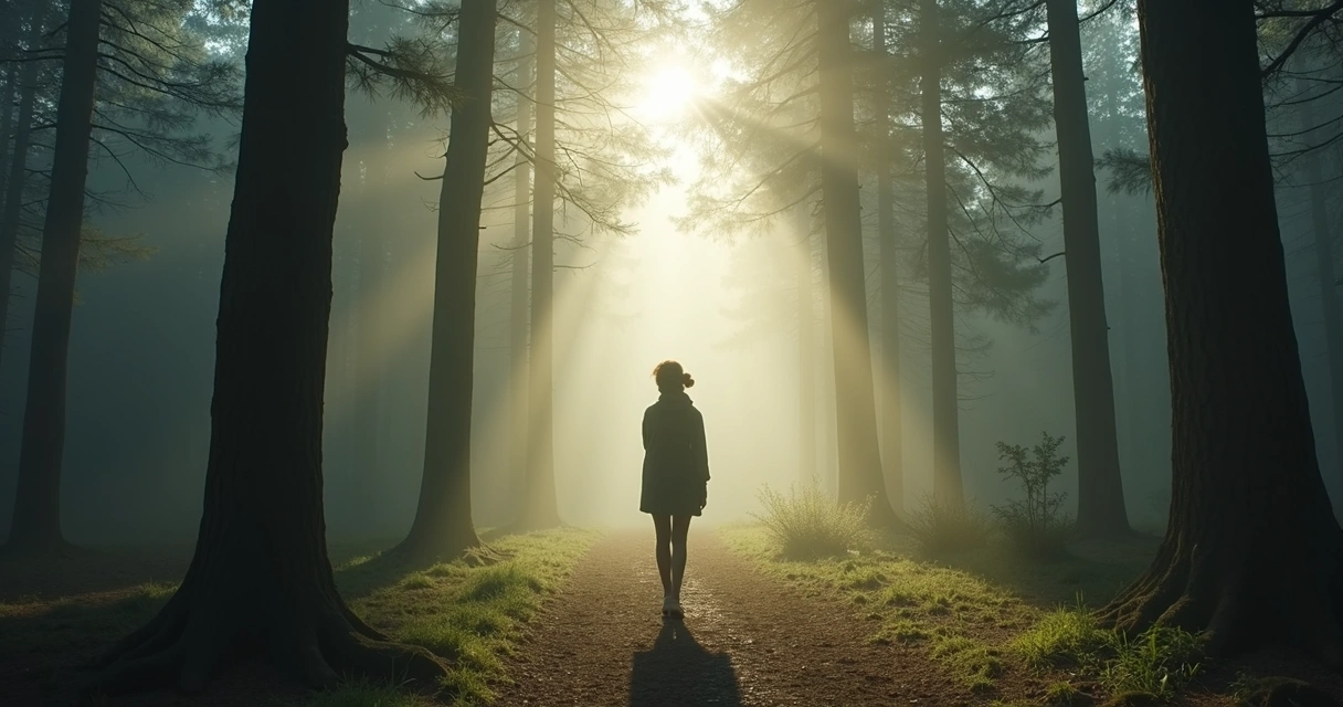 Pessoa caminhando em um bosque olhando para cima, raios de luz entre as árvores 
