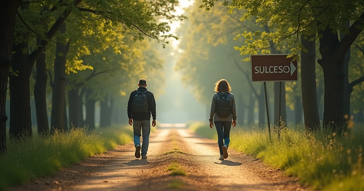 Pessoas caminhando em estrada de terra cercada por árvores, uma segue em direção a uma placa de sucesso, outra para direção oposta 