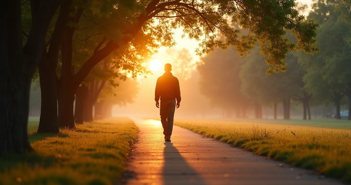Pessoa caminhando por trilha iluminada entre sombras e luz
