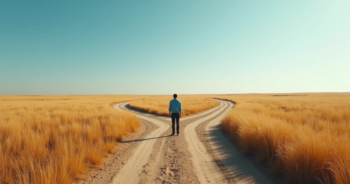 Pessoa em encruzilhada de caminhos de terra num campo 