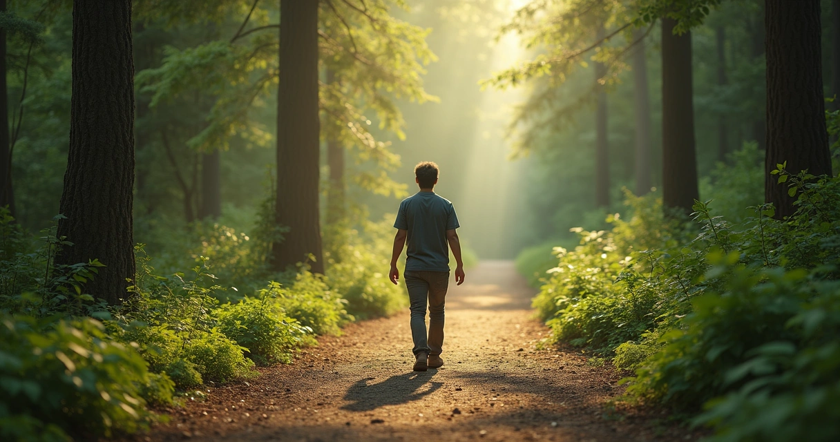 Pessoa caminhando sozinha por uma trilha em meio à natureza, transmitindo serenidade e reflexão.