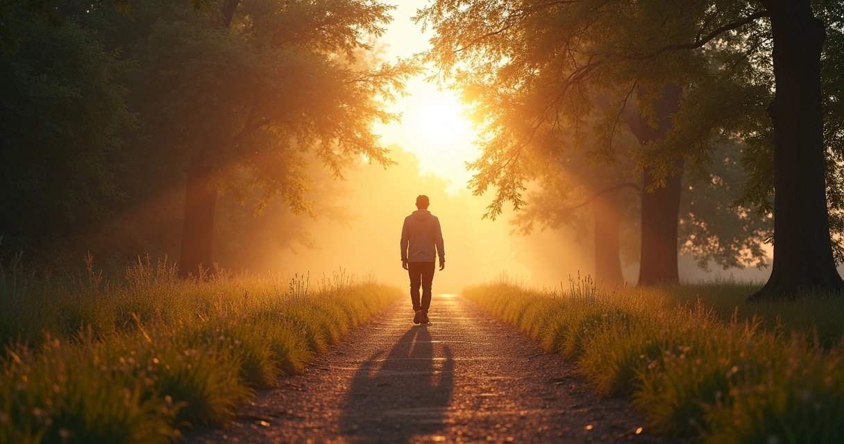 Pessoa caminhando por trilha ao amanhecer em ambiente natural 