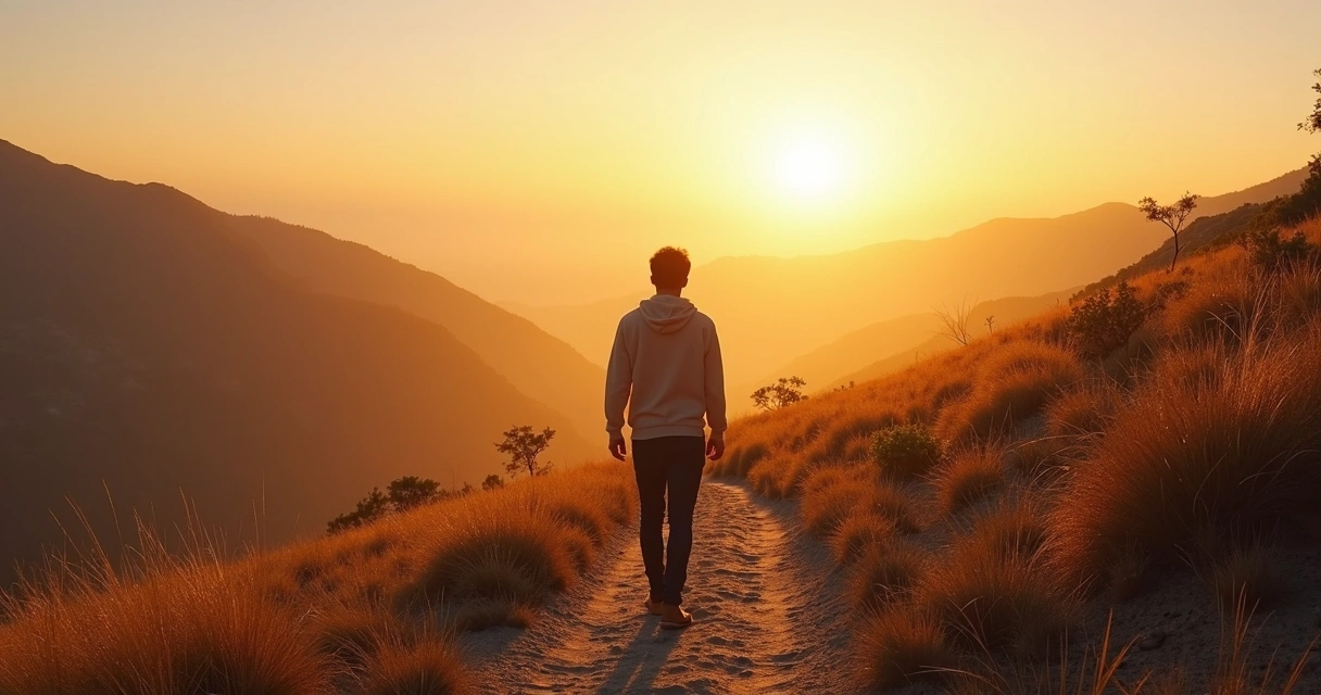 Pessoa caminhando por trilha ao amanhecer com horizonte amplo 