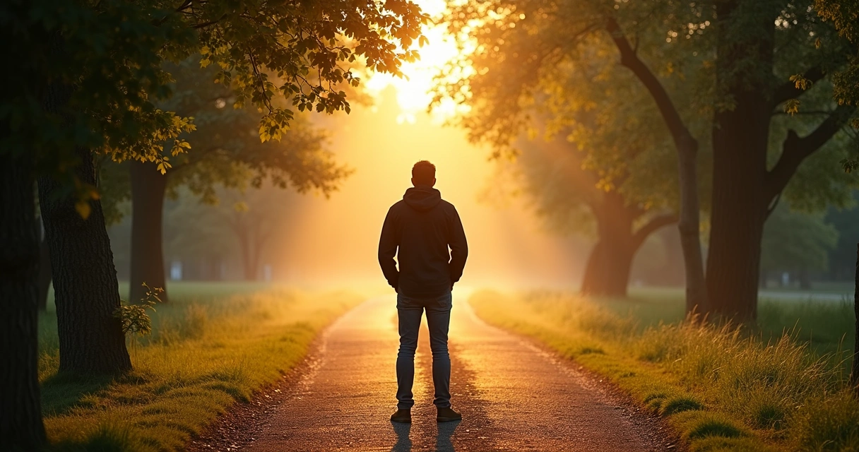 Pessoa diante de dois caminhos em parque ao amanhecer 
