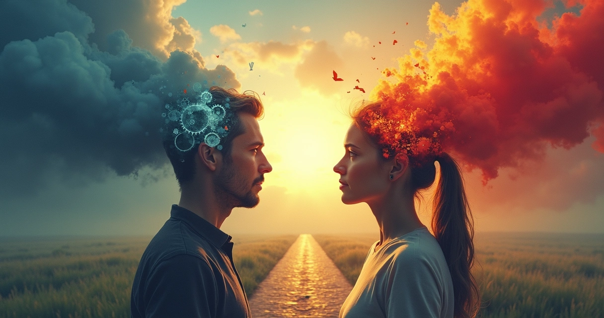 Homem e mulher em uma encruzilhada, com caminhos levando a emoções diferentes, mostrando escolha automática 