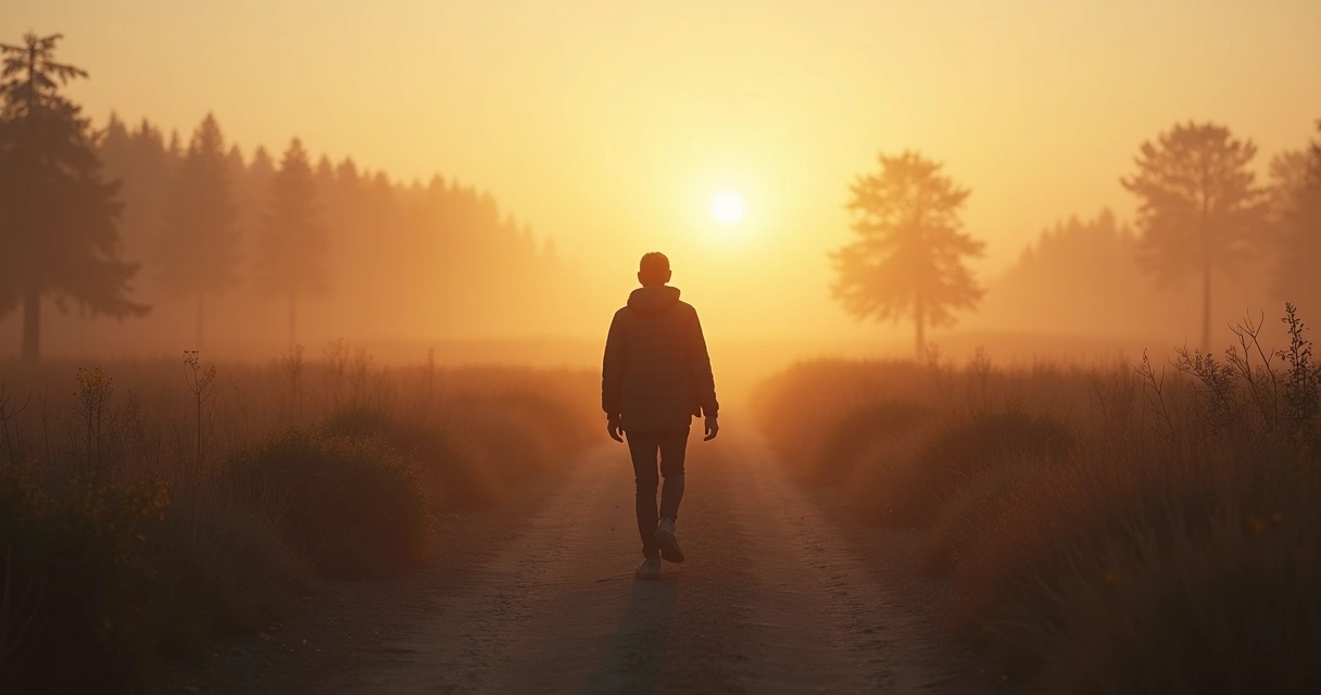 Pessoa caminhando entre dois caminhos ao amanhecer 