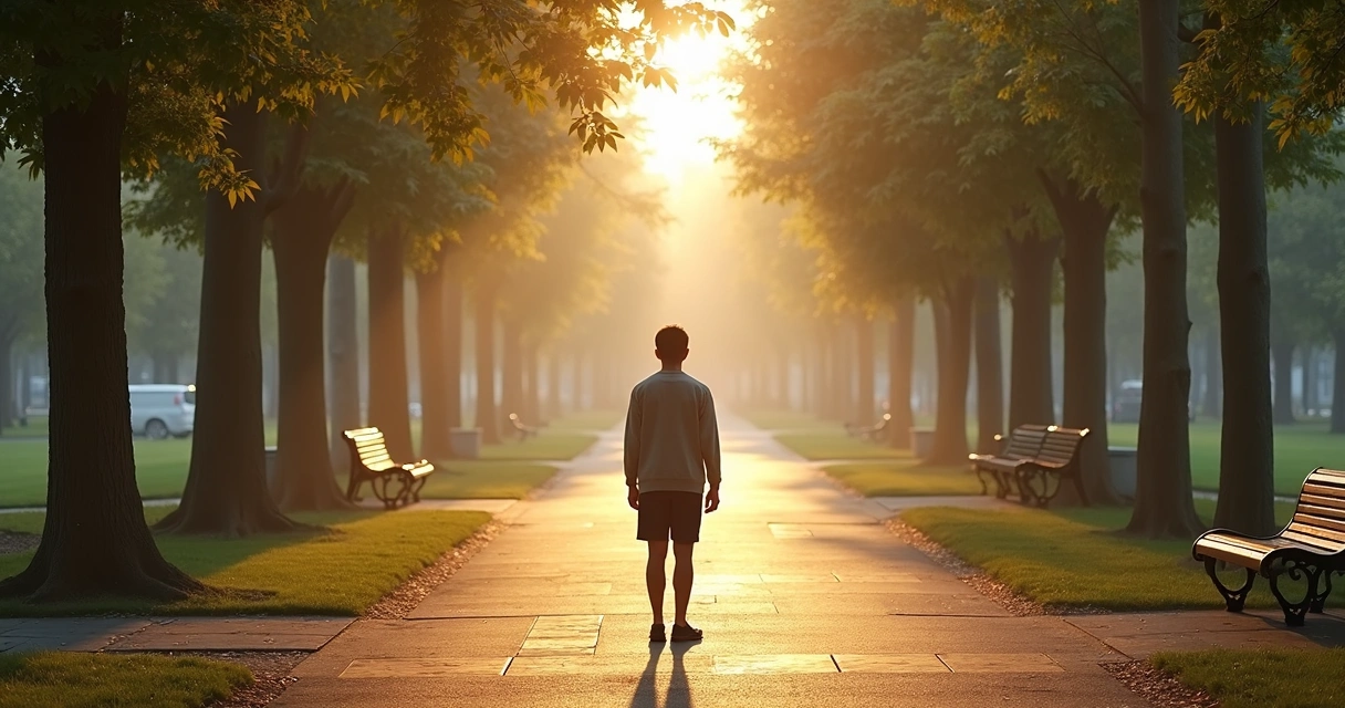 Pessoa diante de dois caminhos em ambiente urbano calmo