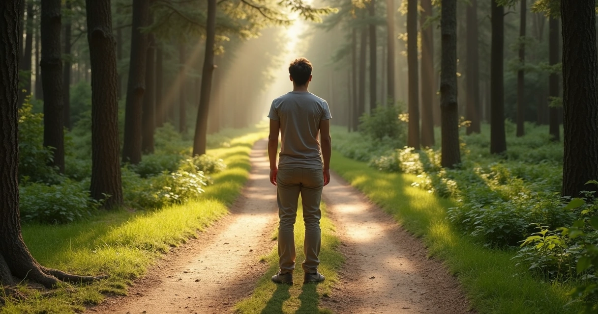 Pessoa em pé diante de caminhos divergentes em ambiente natural