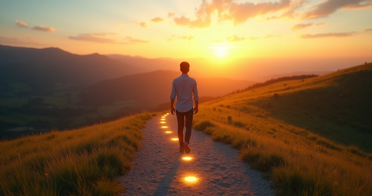 Pessoa em encruzilhada observando pequenos caminhos levando a um horizonte iluminado 
