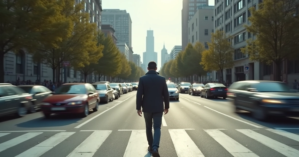 Pessoa parada à beira de uma rua movimentada, prestes a atravessar, com carros passando diante dela 