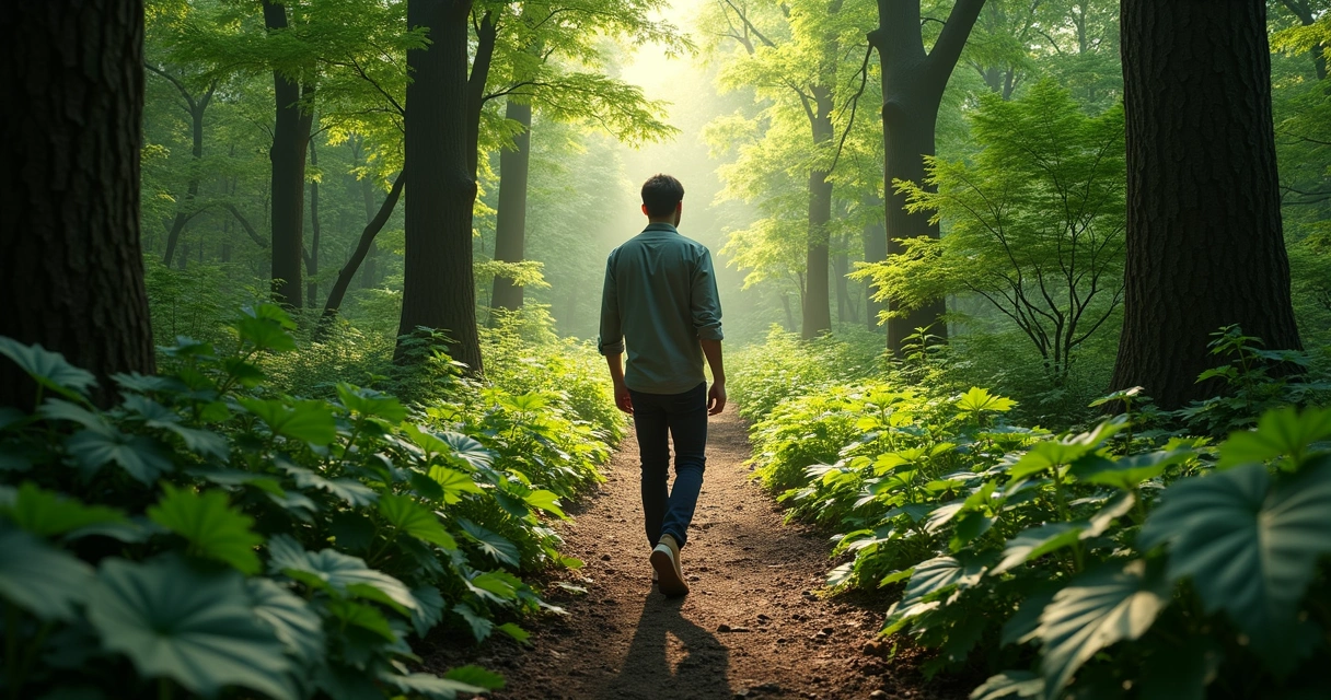 Pessoa caminhando em trilha com várias bifurcações entre árvores 