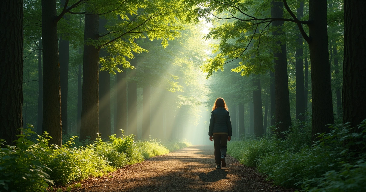Pessoa caminhando sozinha em uma trilha, cercada por árvores 