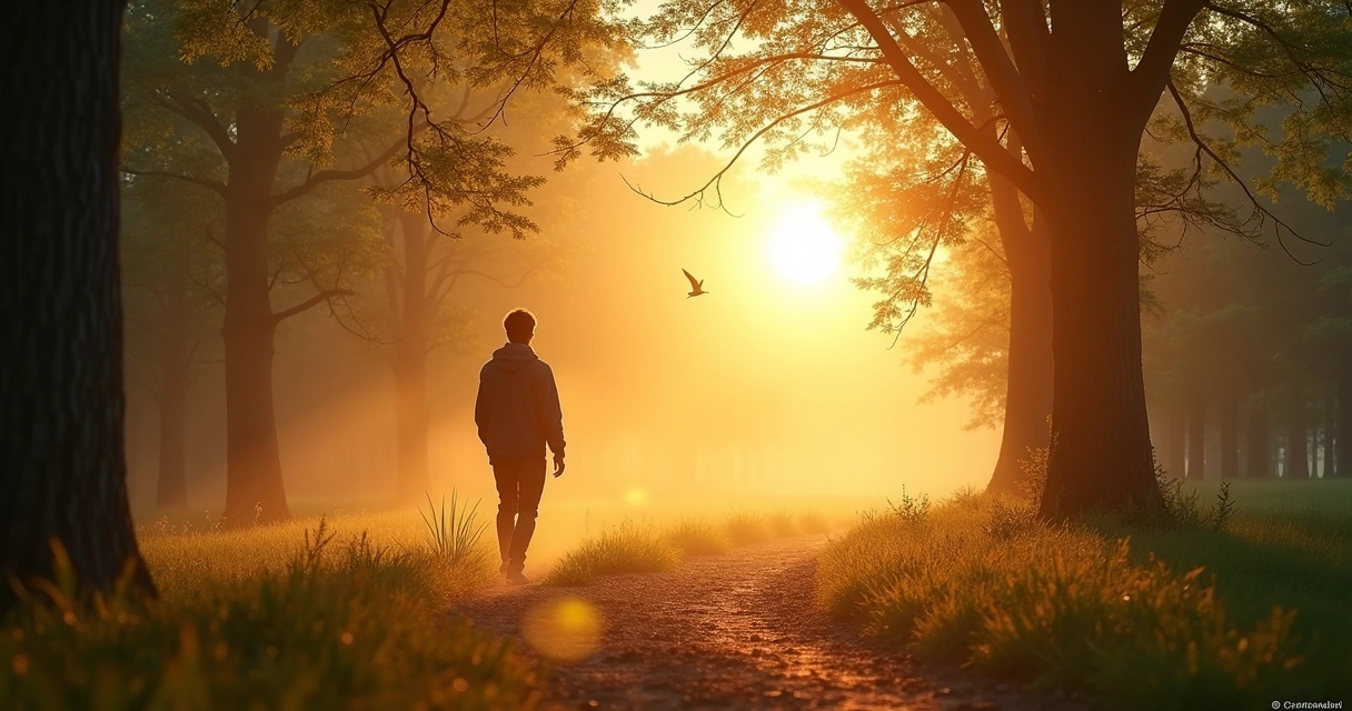 Pessoa caminhando por trilha iluminada em meio a natureza 