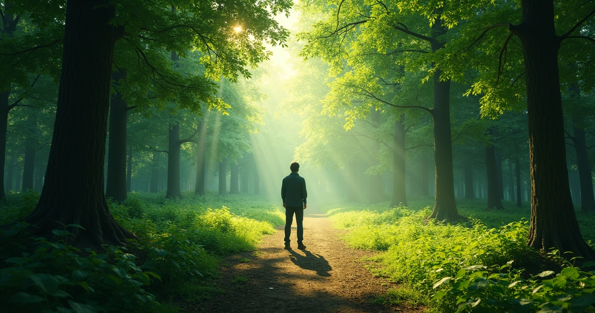 Pessoa diante de caminho dividido em meio à natureza 