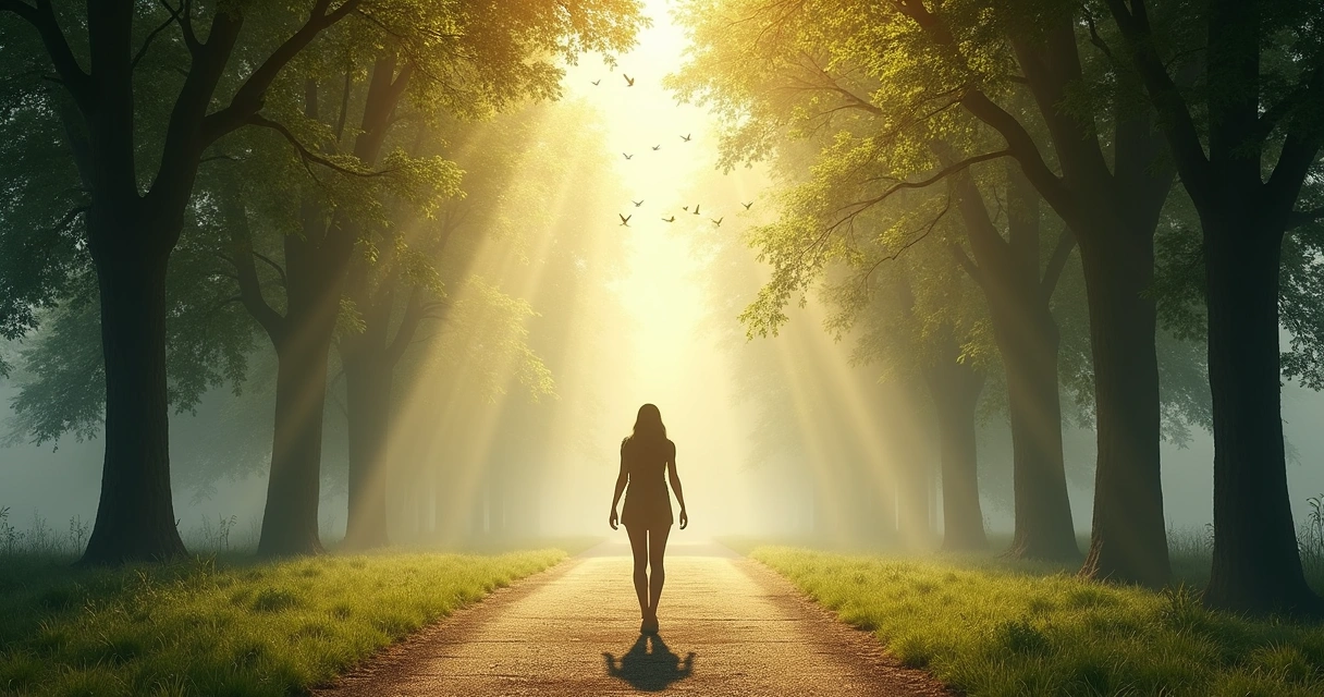 Pessoa caminhando em caminho que se divide ao meio de árvores com luz do sol ao fundo 