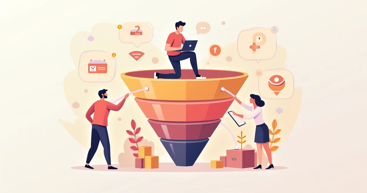 Ilustração do fluxo de um usuário pelo funil de vendas digital, com setas indicando cada etapa. 