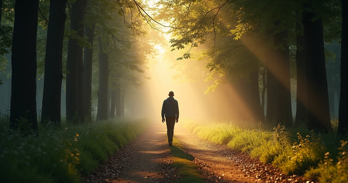 Pessoa caminhando em trilha entre árvores, luz suave ao fundo 