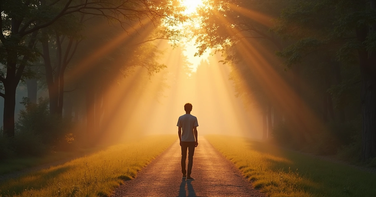 Pessoa diante de dois caminhos em ambiente natural ao amanhecer